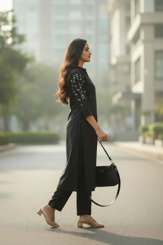 BLACK PINTUCK COTTON KURTA SET