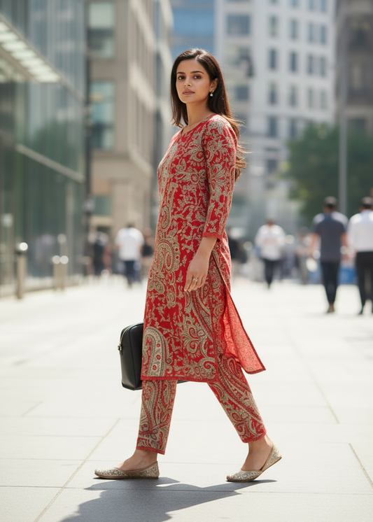 RED KERI COTTON KURTA SET