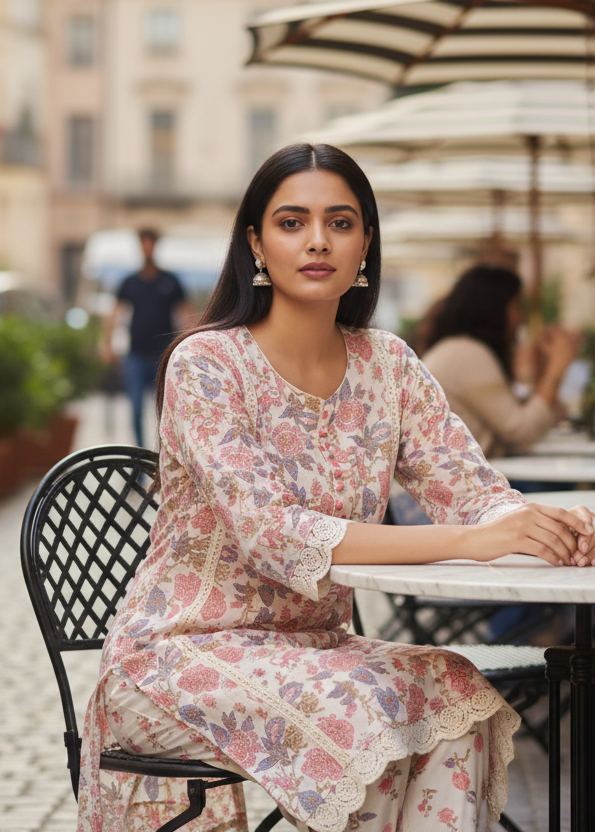 WHITE FLORAL COTTON KURTA SET