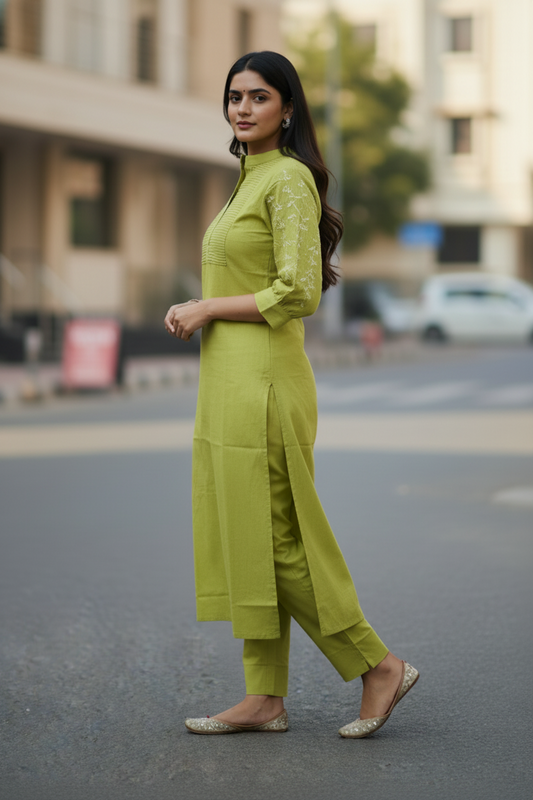 GREEN PINTUCK COTTON KURTA SET