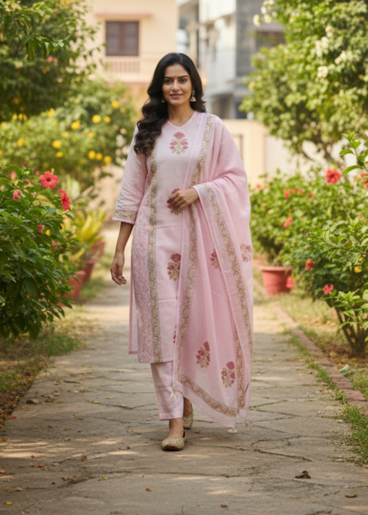PINK KASHI HANDBLOCK COTTON SUIT SET