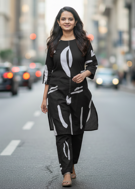 BLACK ABSTRACT COTTON KURTA SET