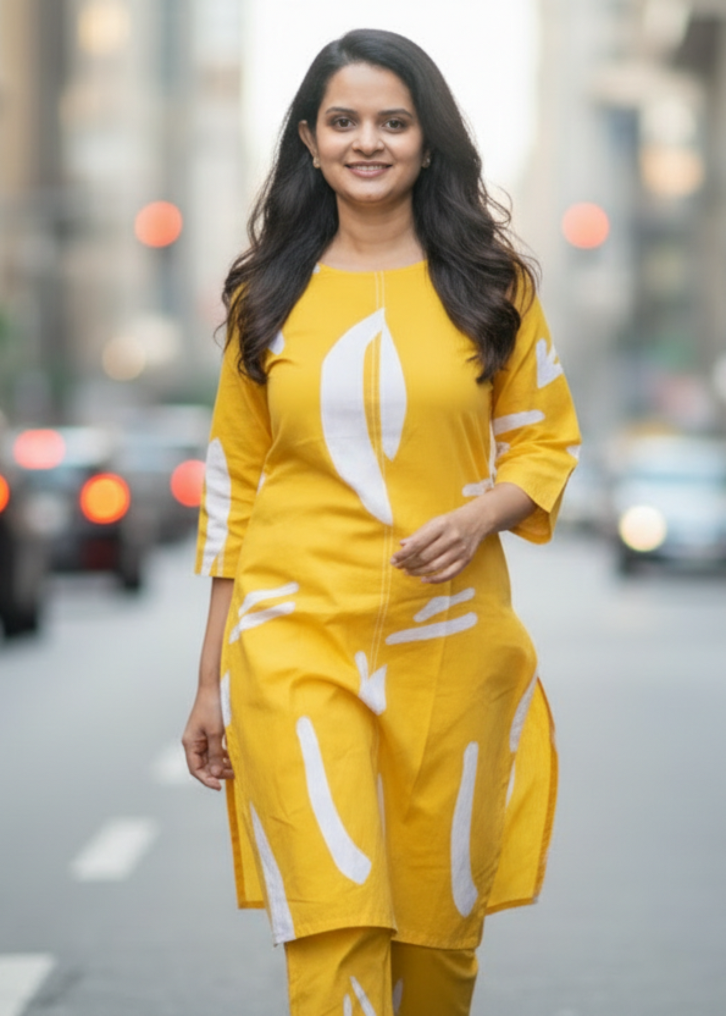 YELLOW ABSTRACT COTTON KURTA SET