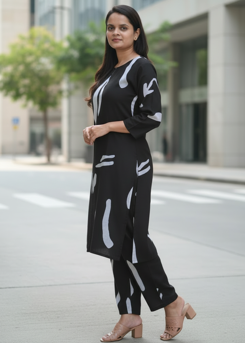 BLACK ABSTRACT COTTON KURTA SET