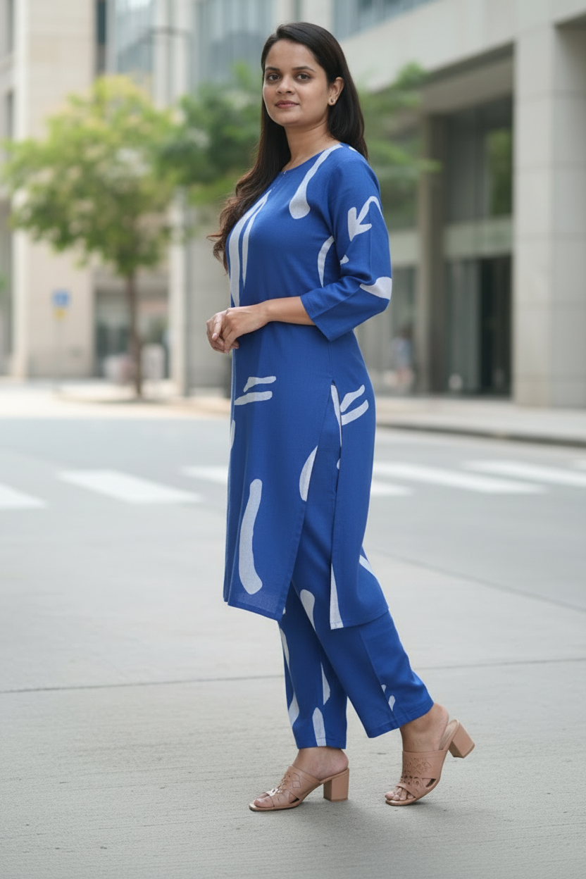 BLUE ABSTRACT COTTON KURTA SET