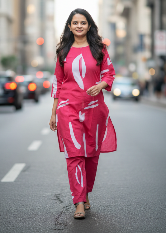 PINK ABSTRACT COTTON KURTA SET