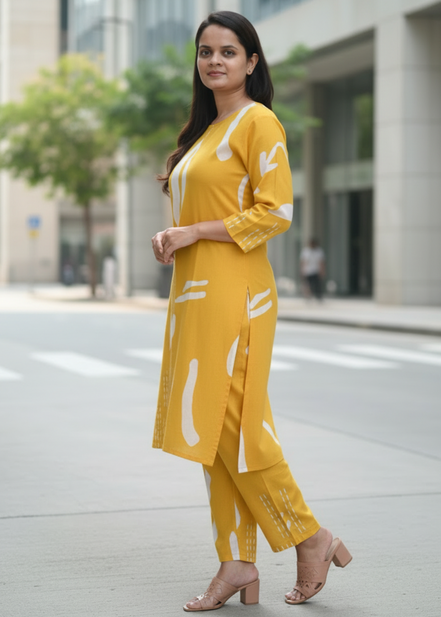 YELLOW ABSTRACT COTTON KURTA SET