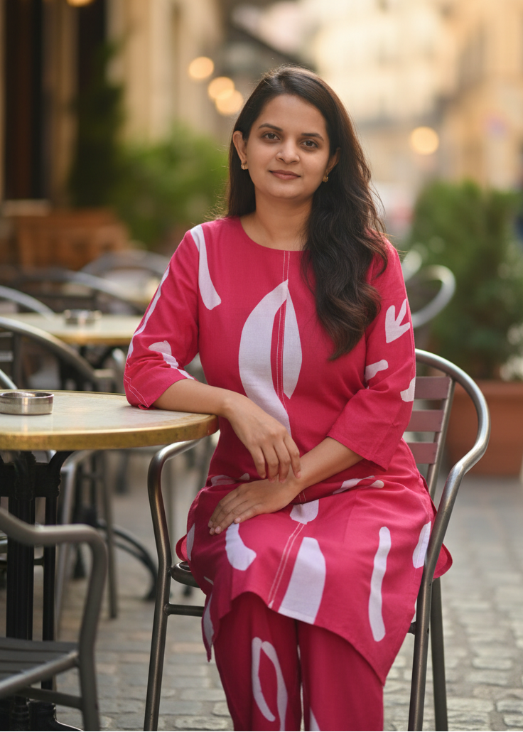 PINK ABSTRACT COTTON KURTA SET