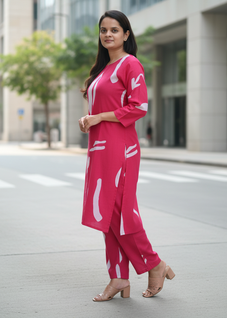 PINK ABSTRACT COTTON KURTA SET