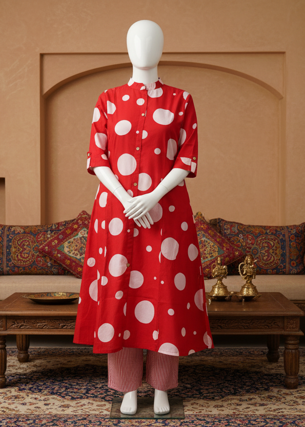 RED COTTON A-LINE KURTA SET