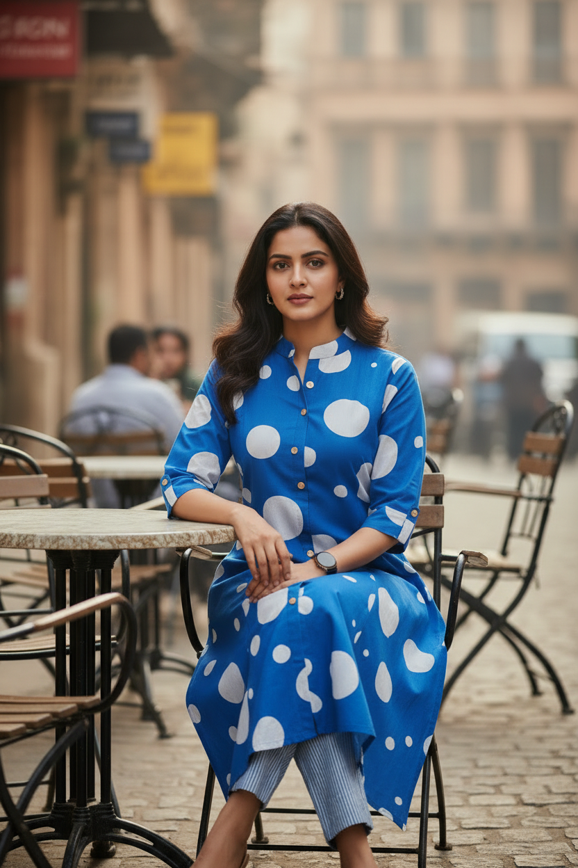 BLUE COTTON A-LINE KURTA SET