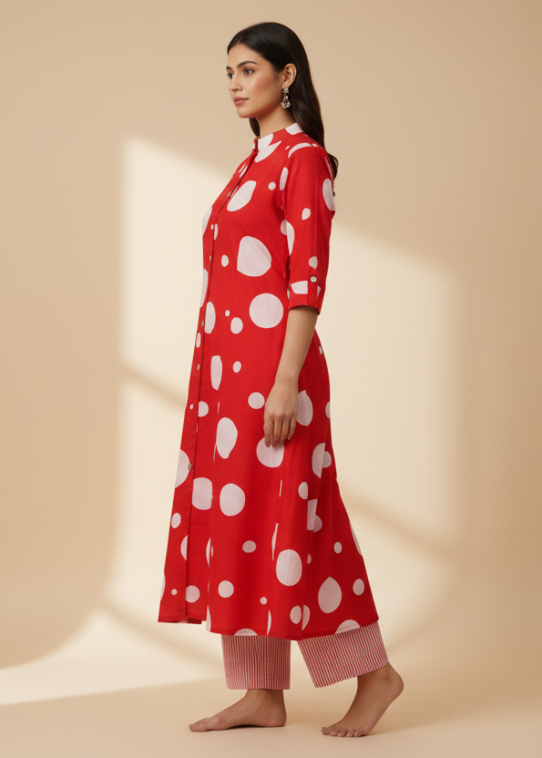 RED COTTON A-LINE KURTA SET