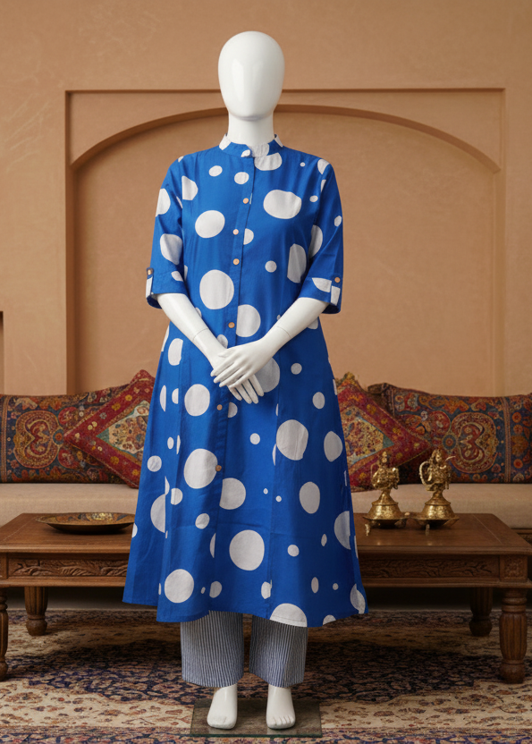 BLUE COTTON A-LINE KURTA SET