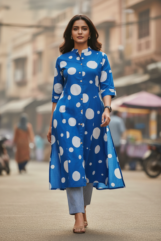 BLUE COTTON A-LINE KURTA SET