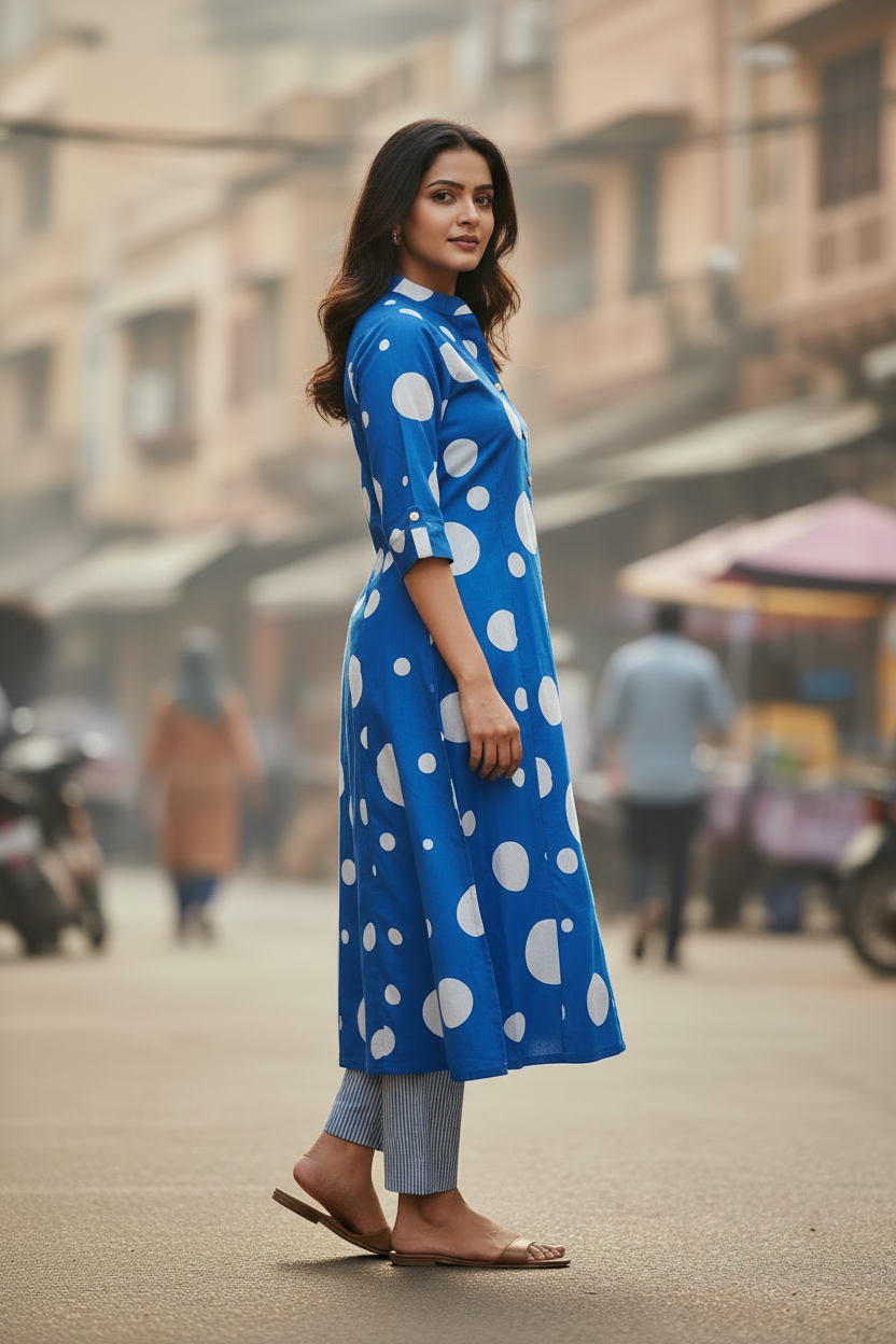 BLUE COTTON A-LINE KURTA SET