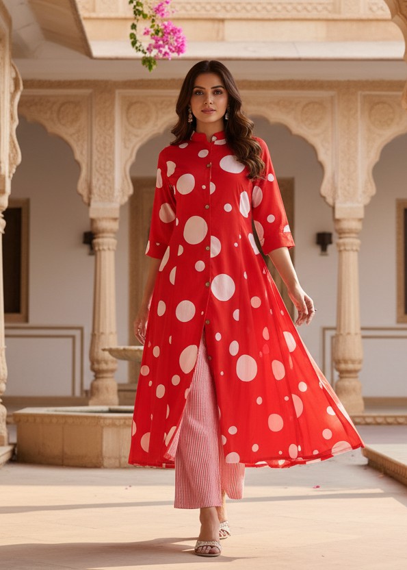 RED COTTON A-LINE KURTA SET