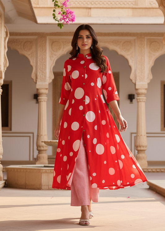 RED COTTON A-LINE KURTA SET