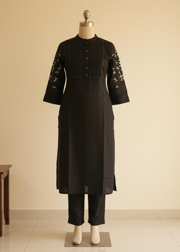 BLACK PINTUCK COTTON KURTA SET