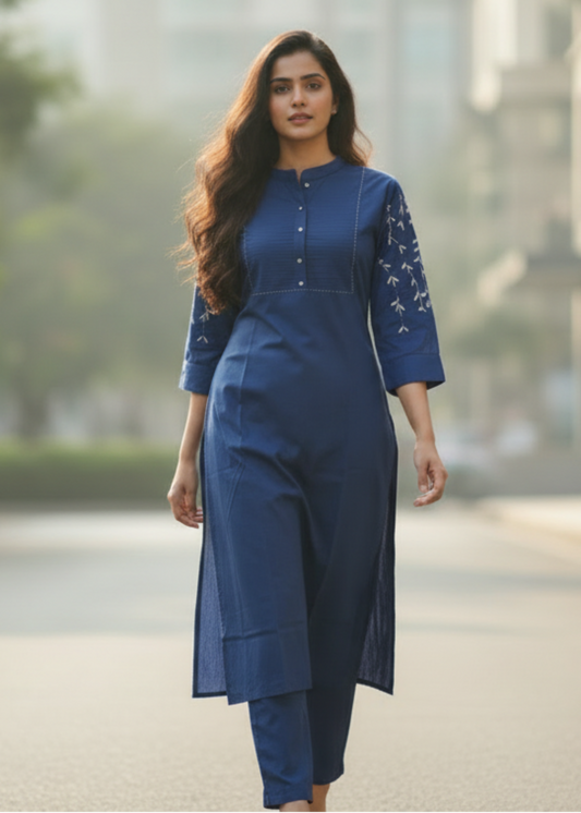 BLUE PINTUCK COTTON KURTA SET