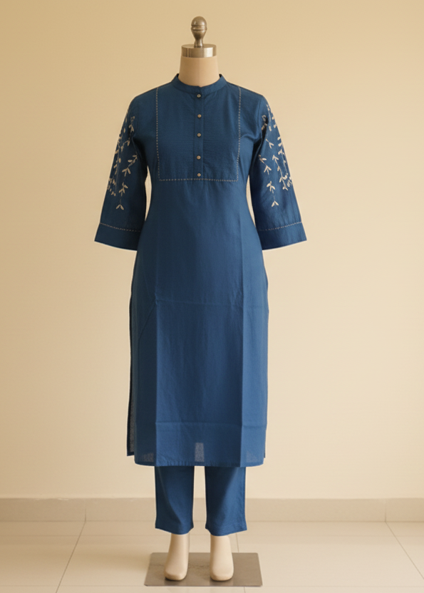 BLUE PINTUCK COTTON KURTA SET