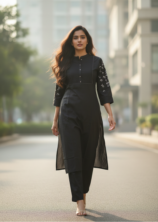 BLACK PINTUCK COTTON KURTA SET