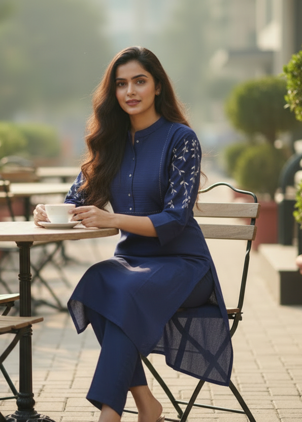 BLUE PINTUCK COTTON KURTA SET
