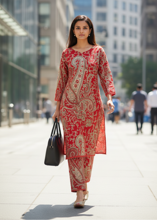 RED KERI COTTON KURTA SET