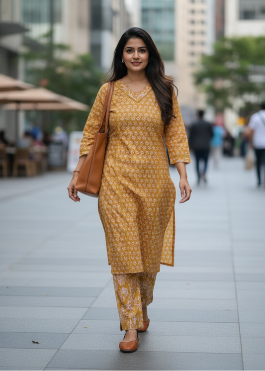 YELLOW FLORAL COTTON KURTA SET