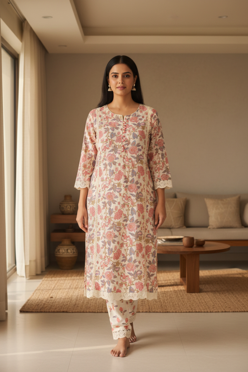 WHITE FLORAL COTTON KURTA SET