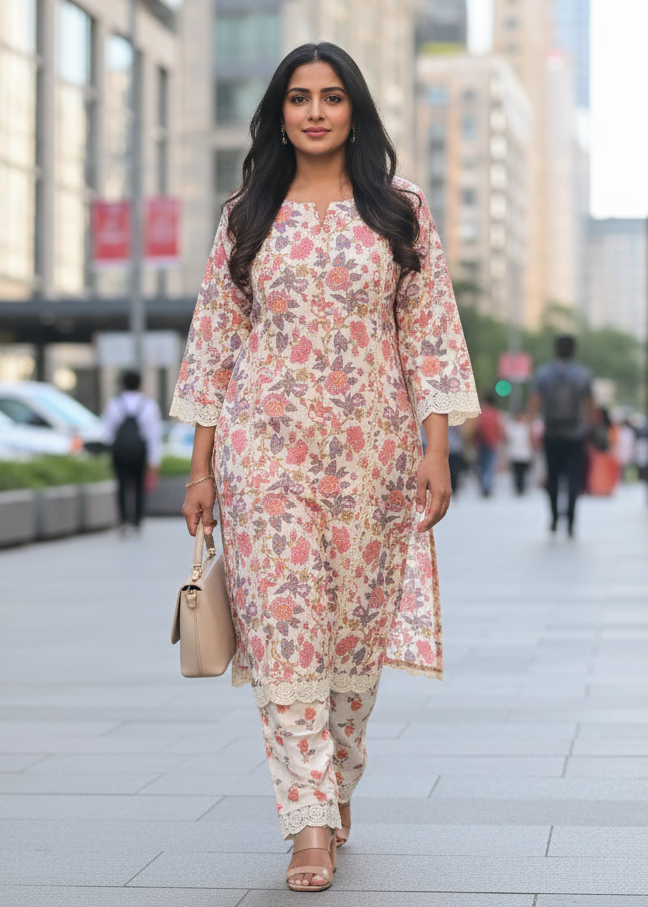 WHITE FLORAL COTTON KURTA SET