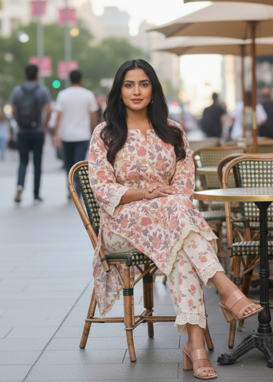 WHITE FLORAL COTTON KURTA SET