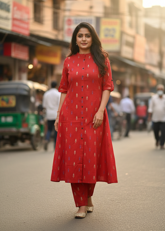 RED ARVI A-LINE KURTA SET