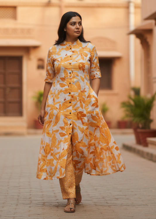 ORANGE FLORAL A-LINE KURTA SET