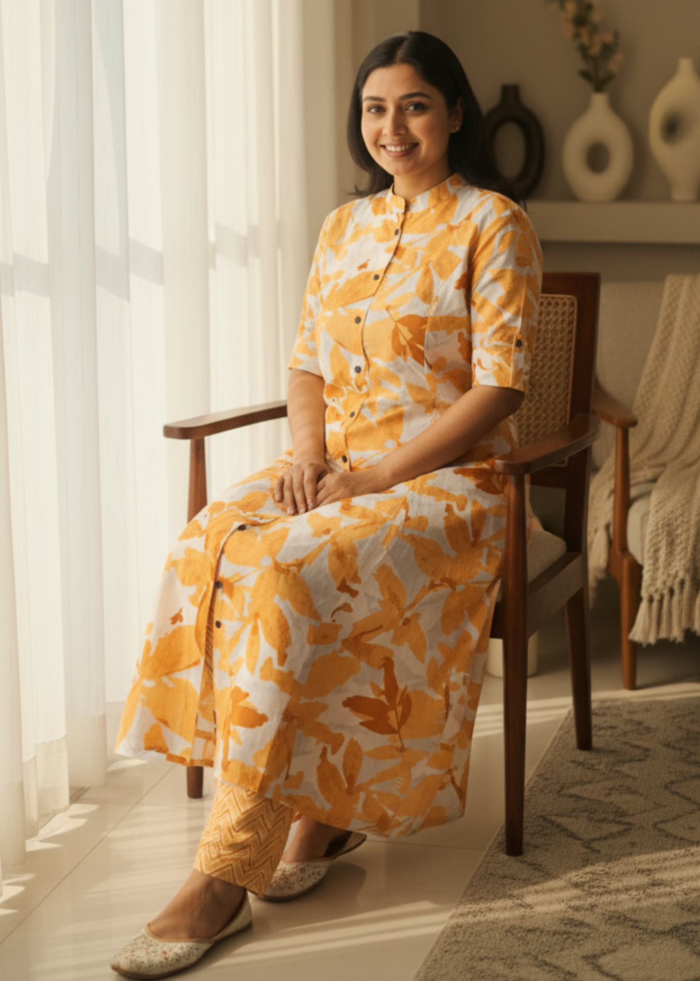 ORANGE FLORAL A-LINE KURTA SET