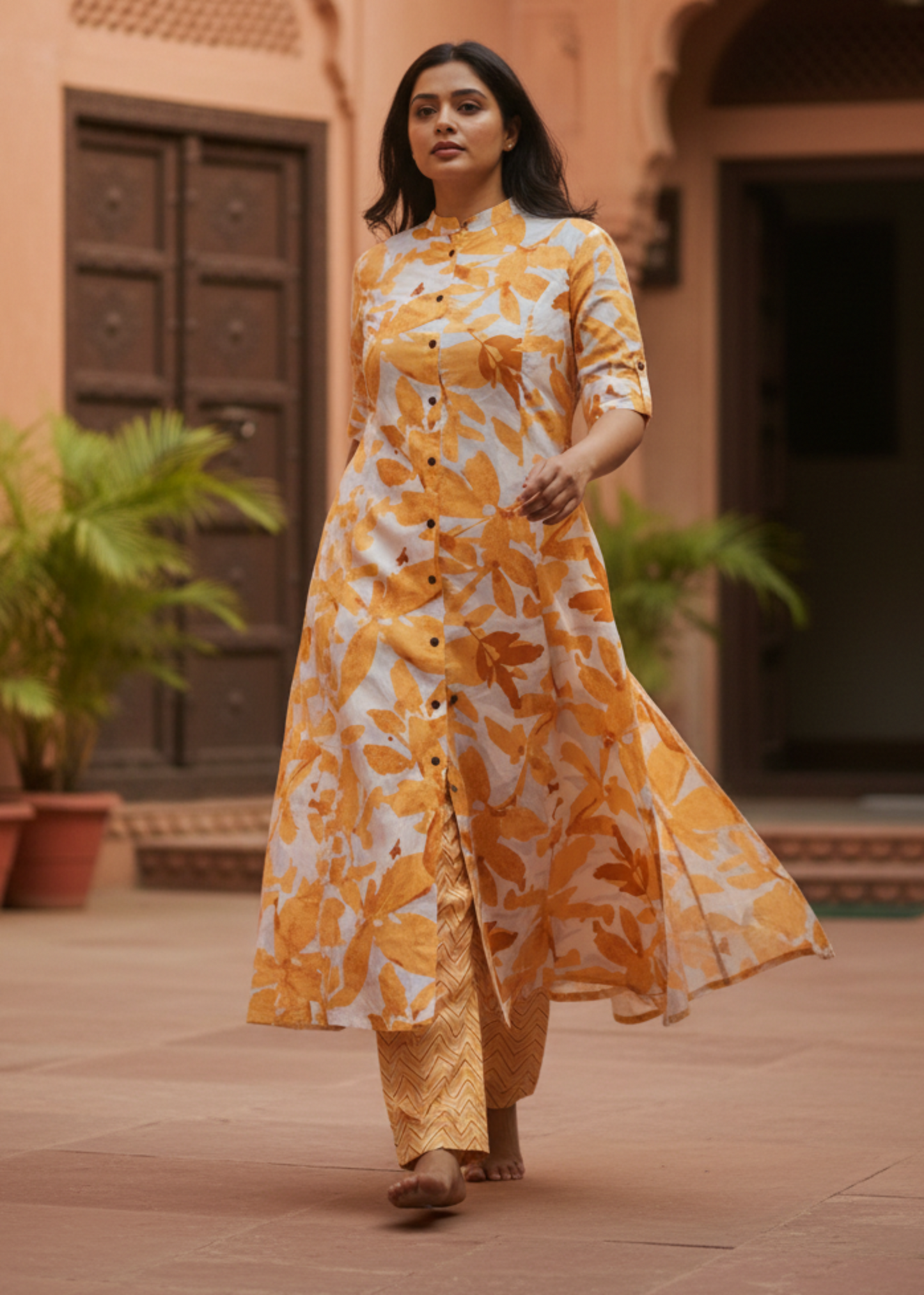 ORANGE FLORAL A-LINE KURTA SET