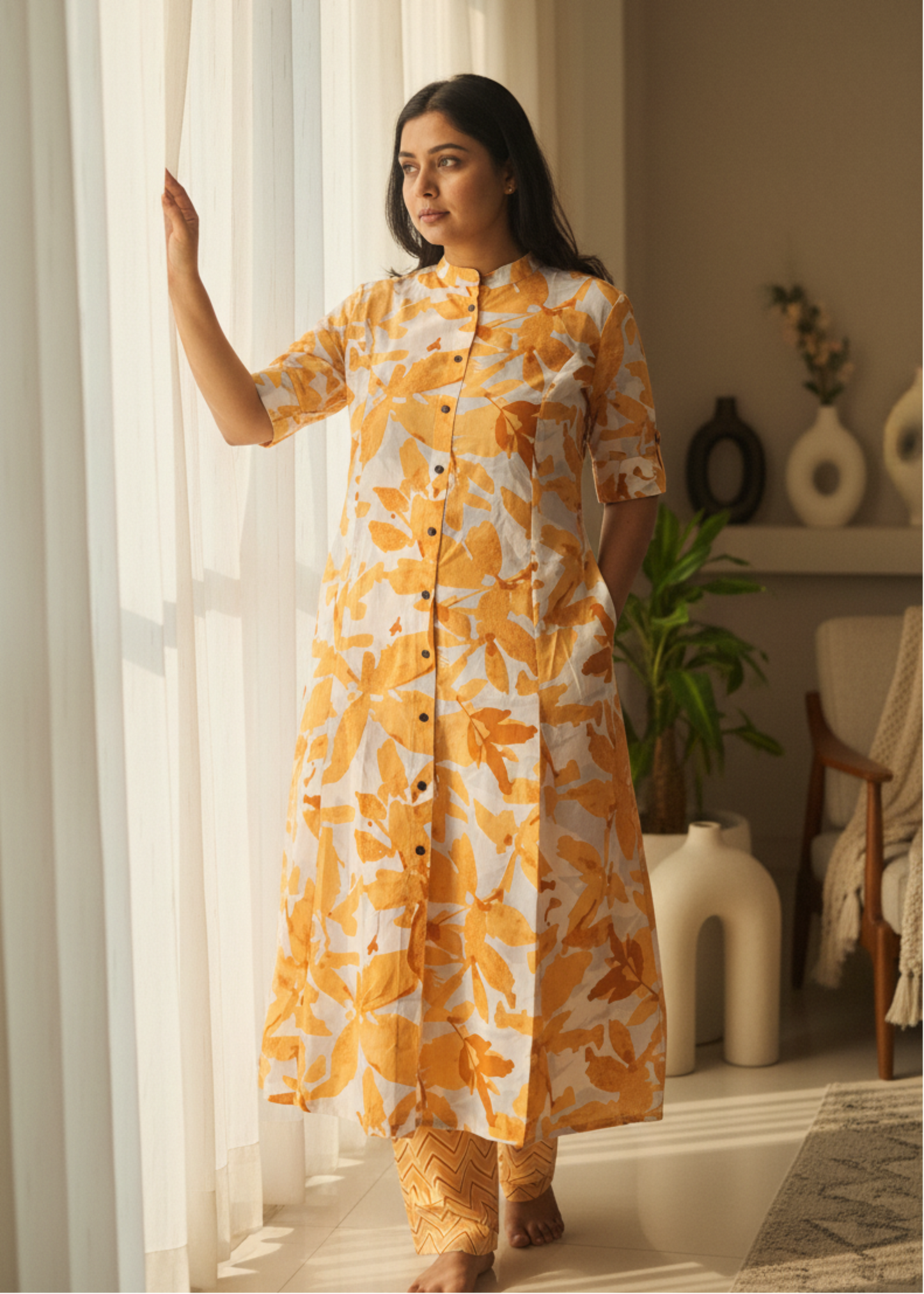 ORANGE FLORAL A-LINE KURTA SET