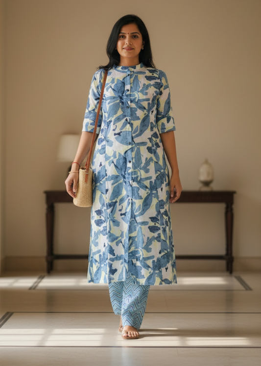 BLUE FLORAL A-LINE KURTA SET