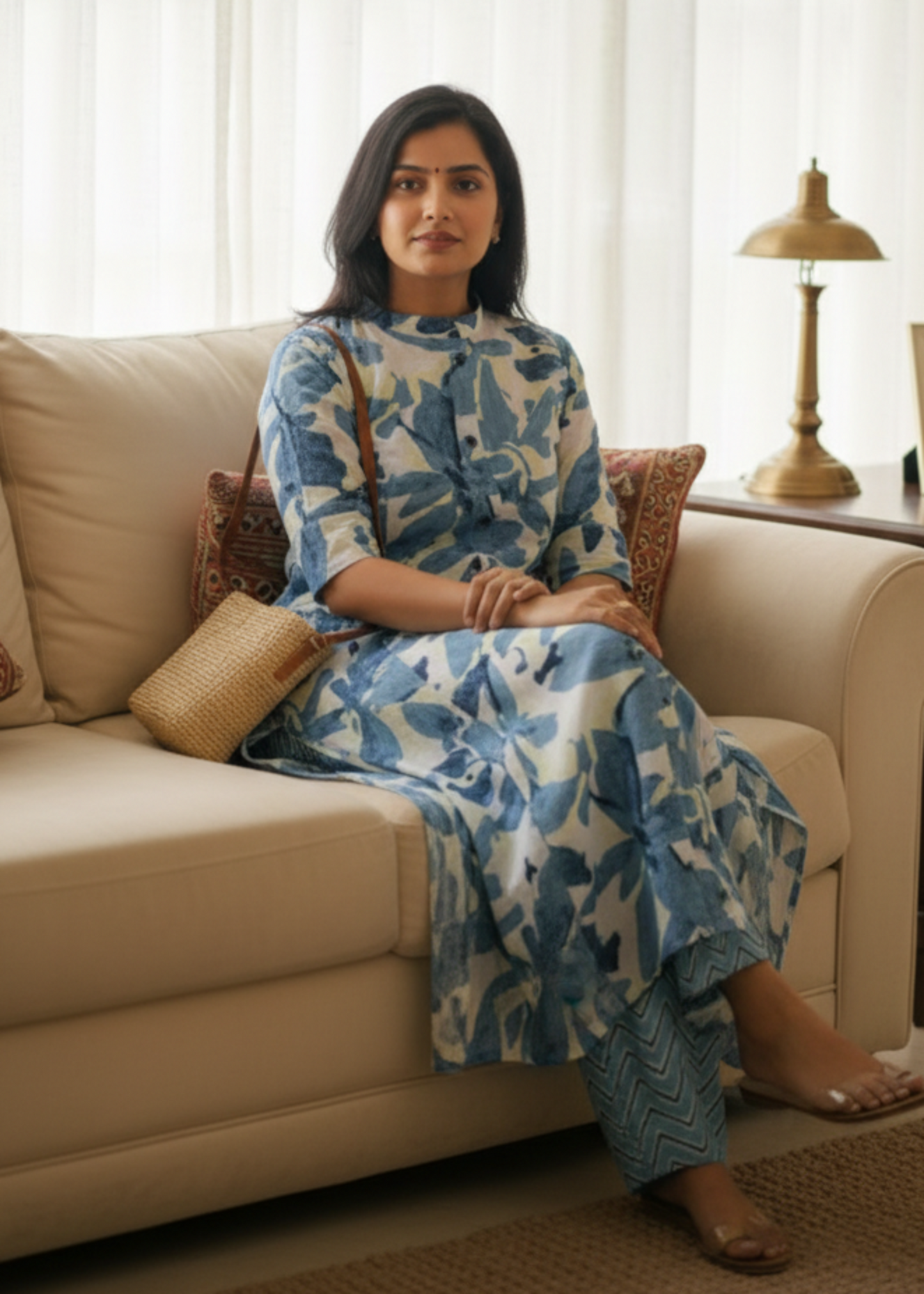 BLUE FLORAL A-LINE KURTA SET