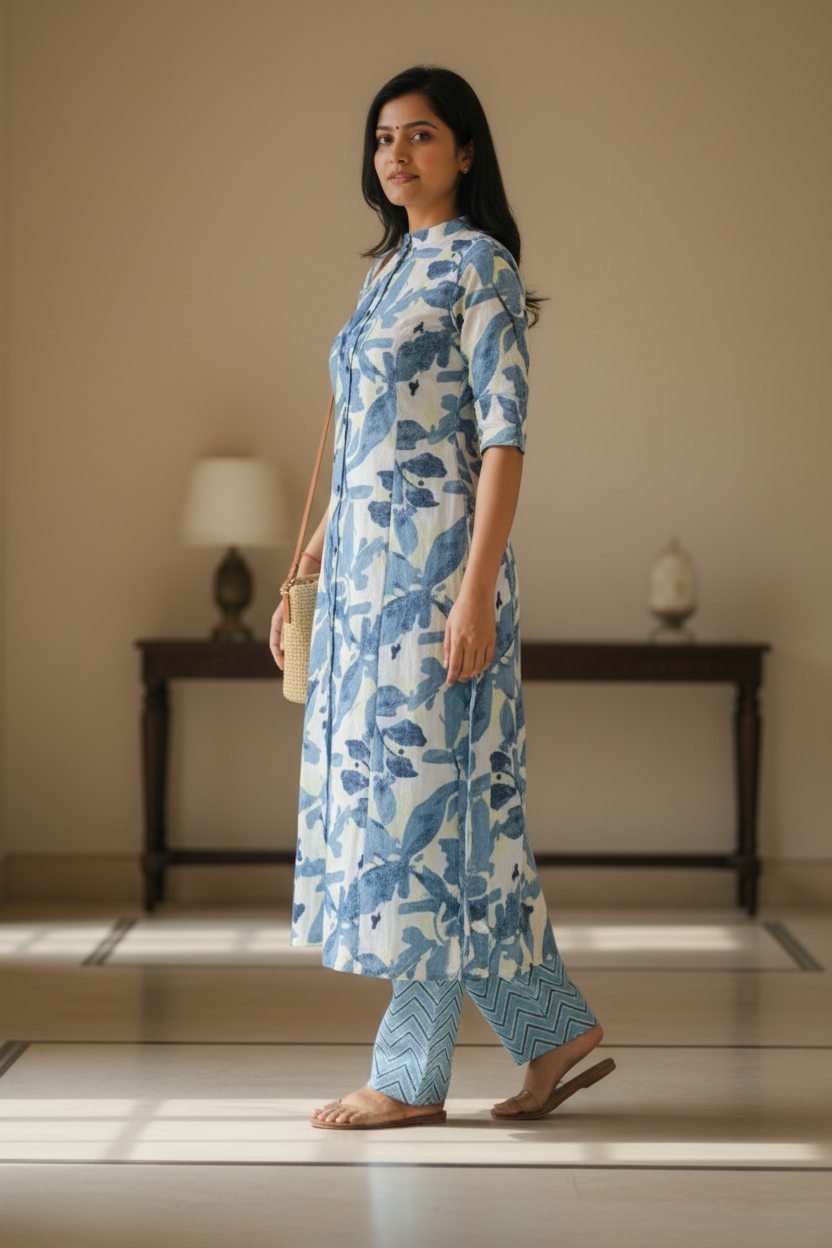 BLUE FLORAL A-LINE KURTA SET