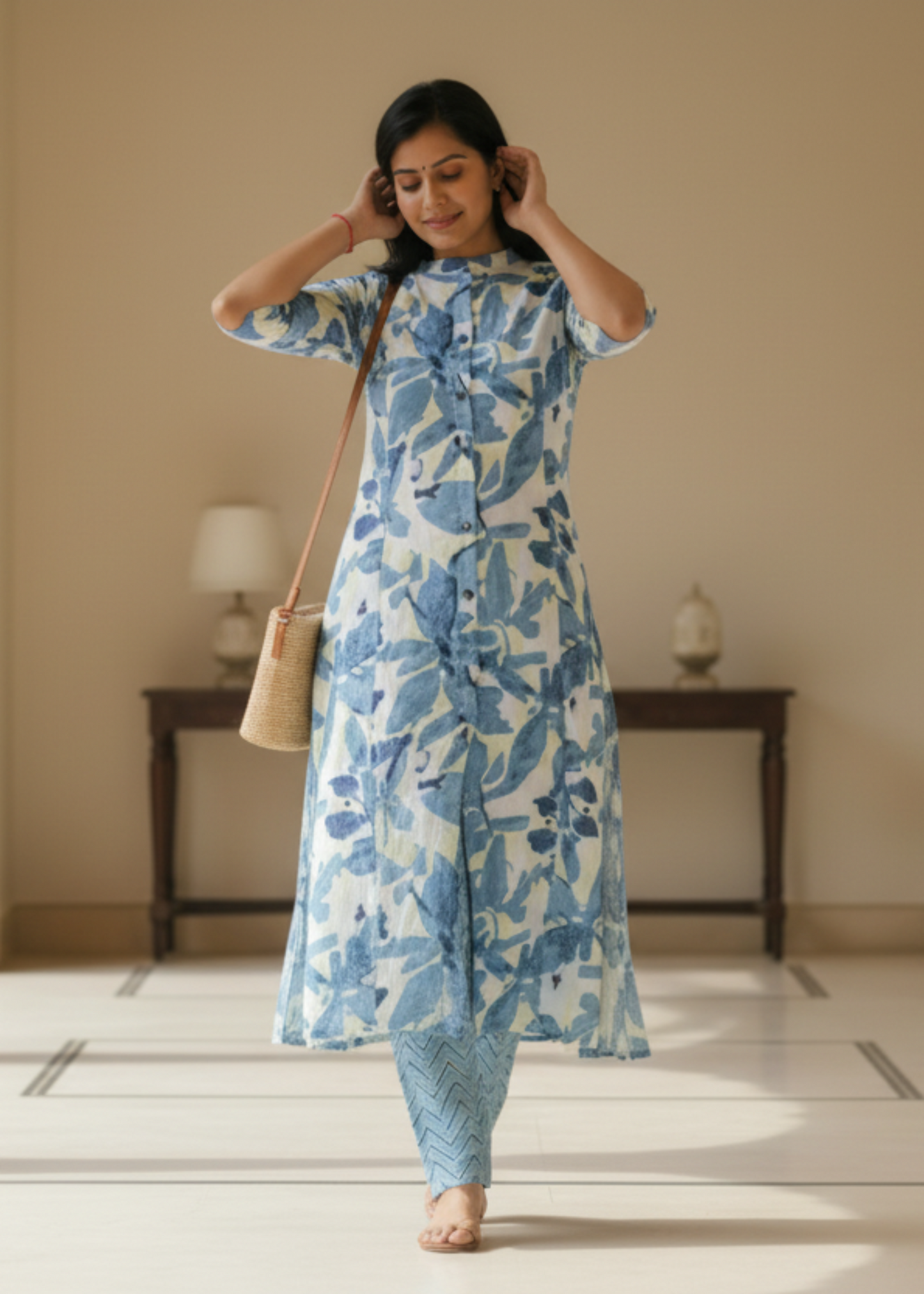 BLUE FLORAL A-LINE KURTA SET