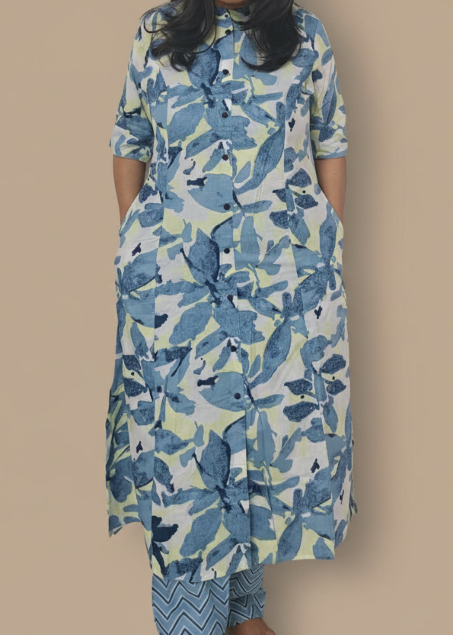 BLUE FLORAL A-LINE KURTA SET