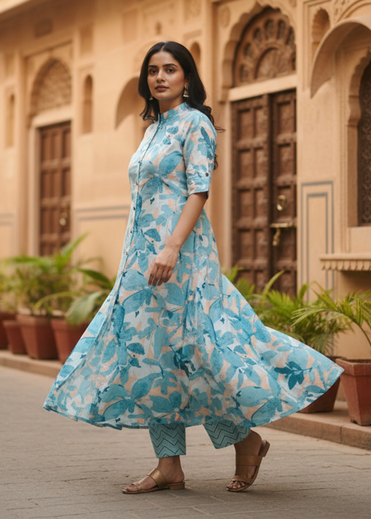 GREEN FLORAL A-LINE KURTA SET