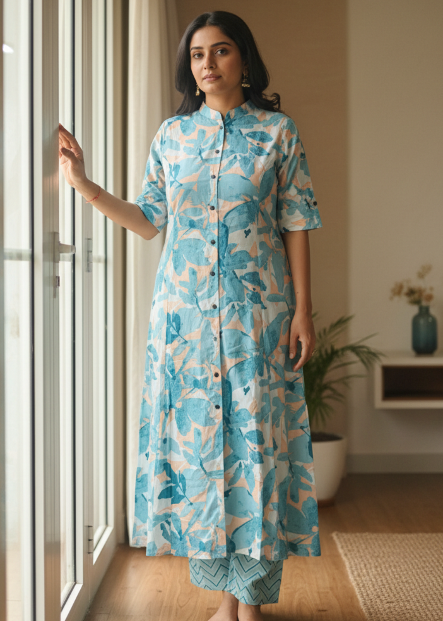 GREEN FLORAL A-LINE KURTA SET