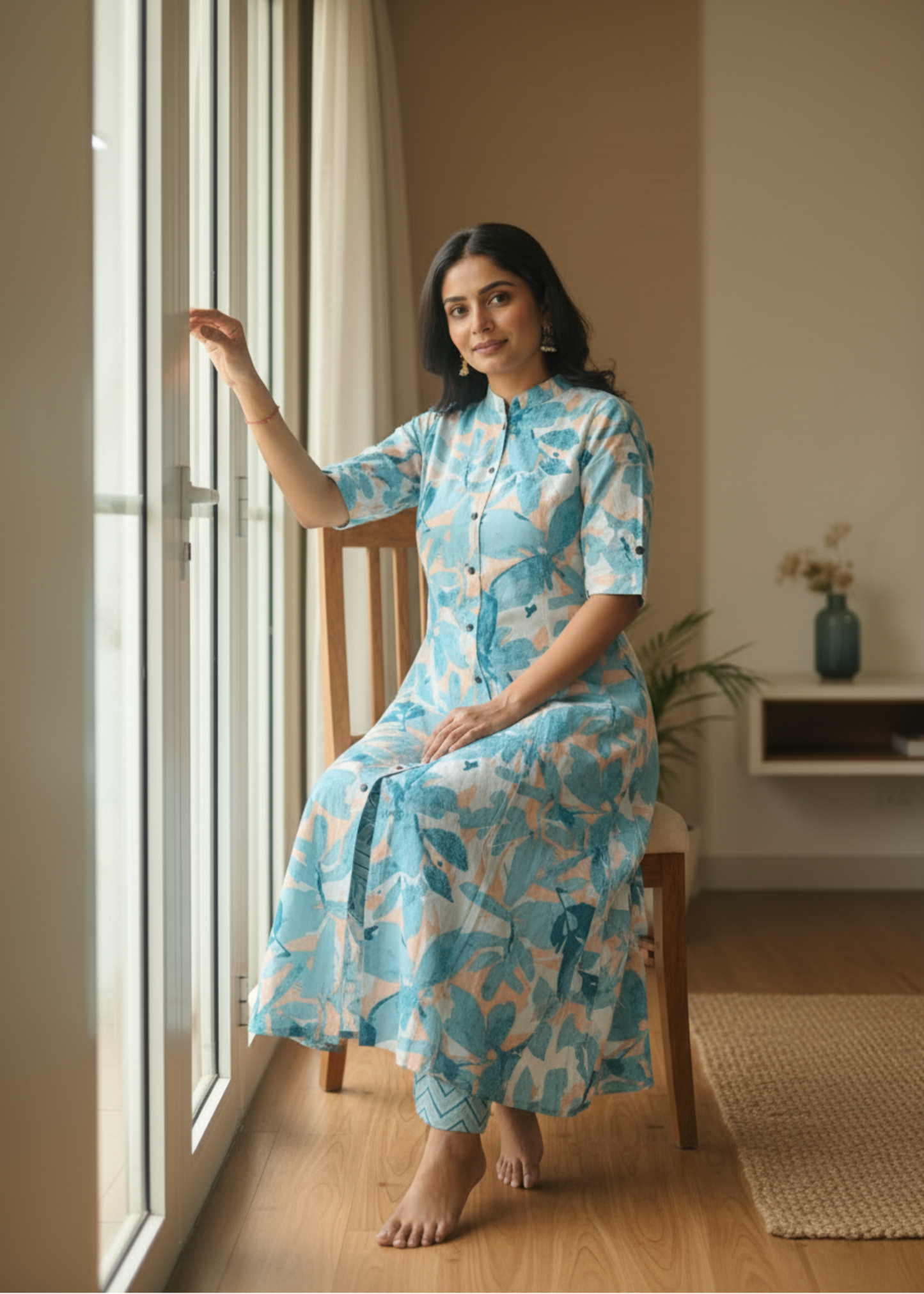 GREEN FLORAL A-LINE KURTA SET