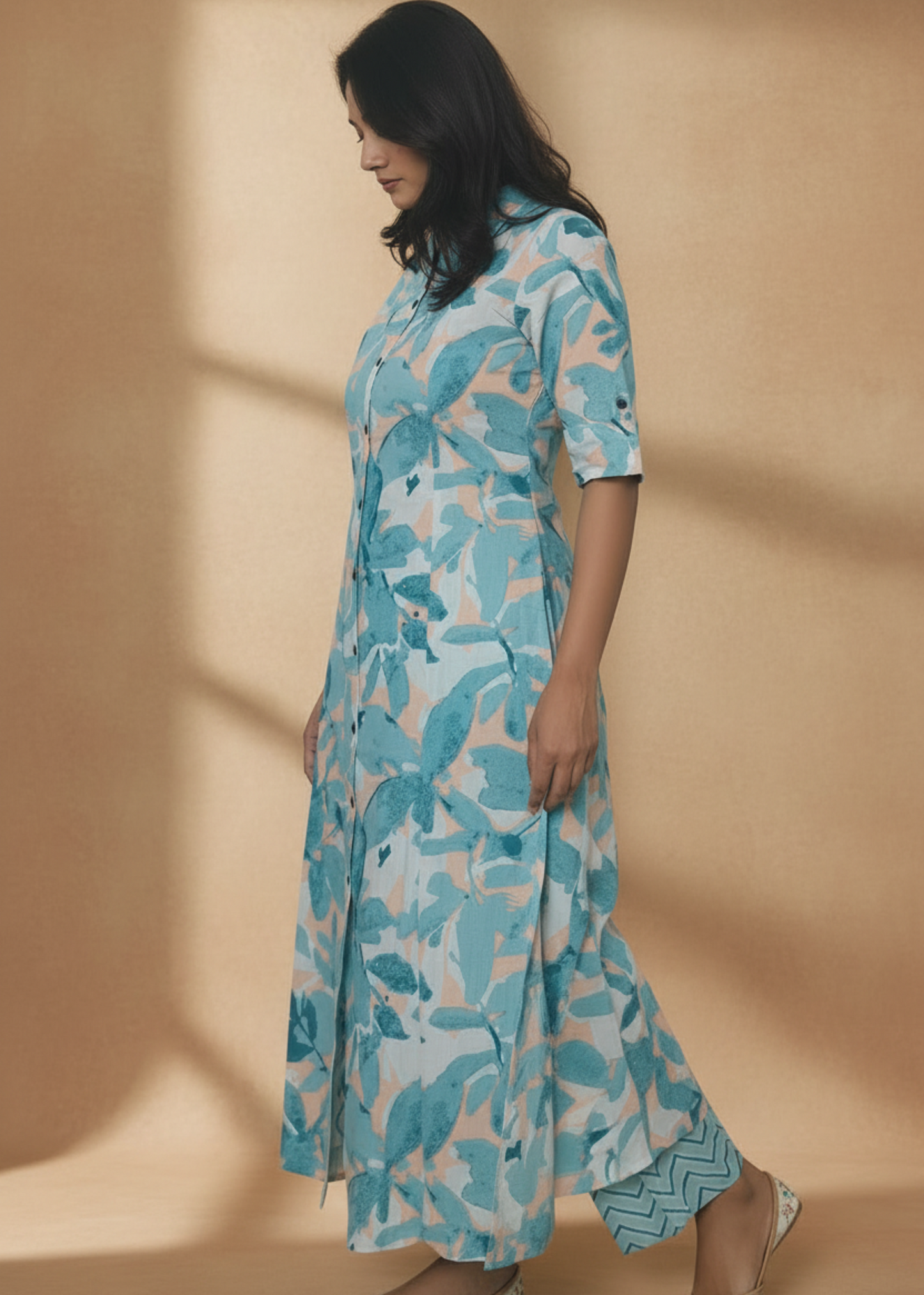 GREEN FLORAL A-LINE KURTA SET