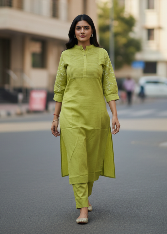 GREEN PINTUCK COTTON KURTA SET