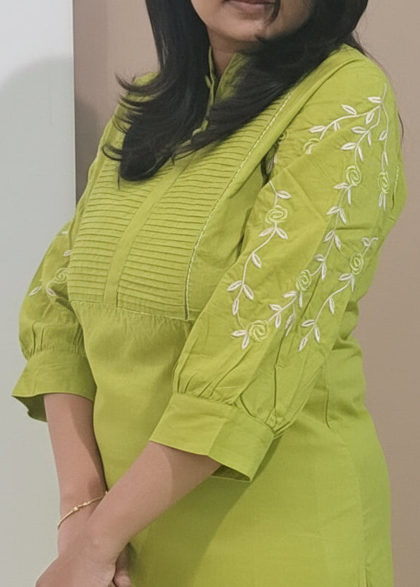 GREEN PINTUCK COTTON KURTA SET
