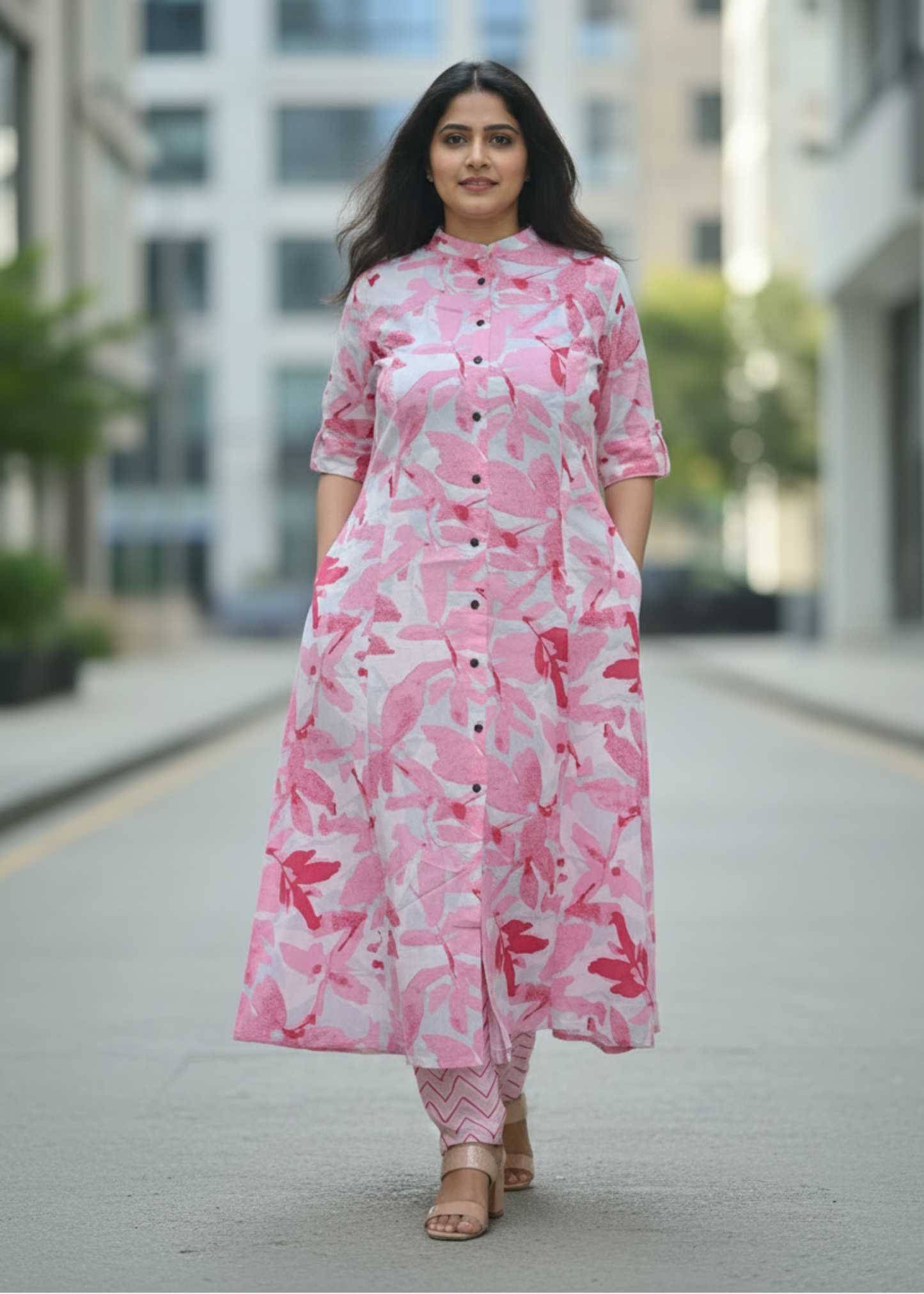 PINK FLORAL A-LINE KURTA SET