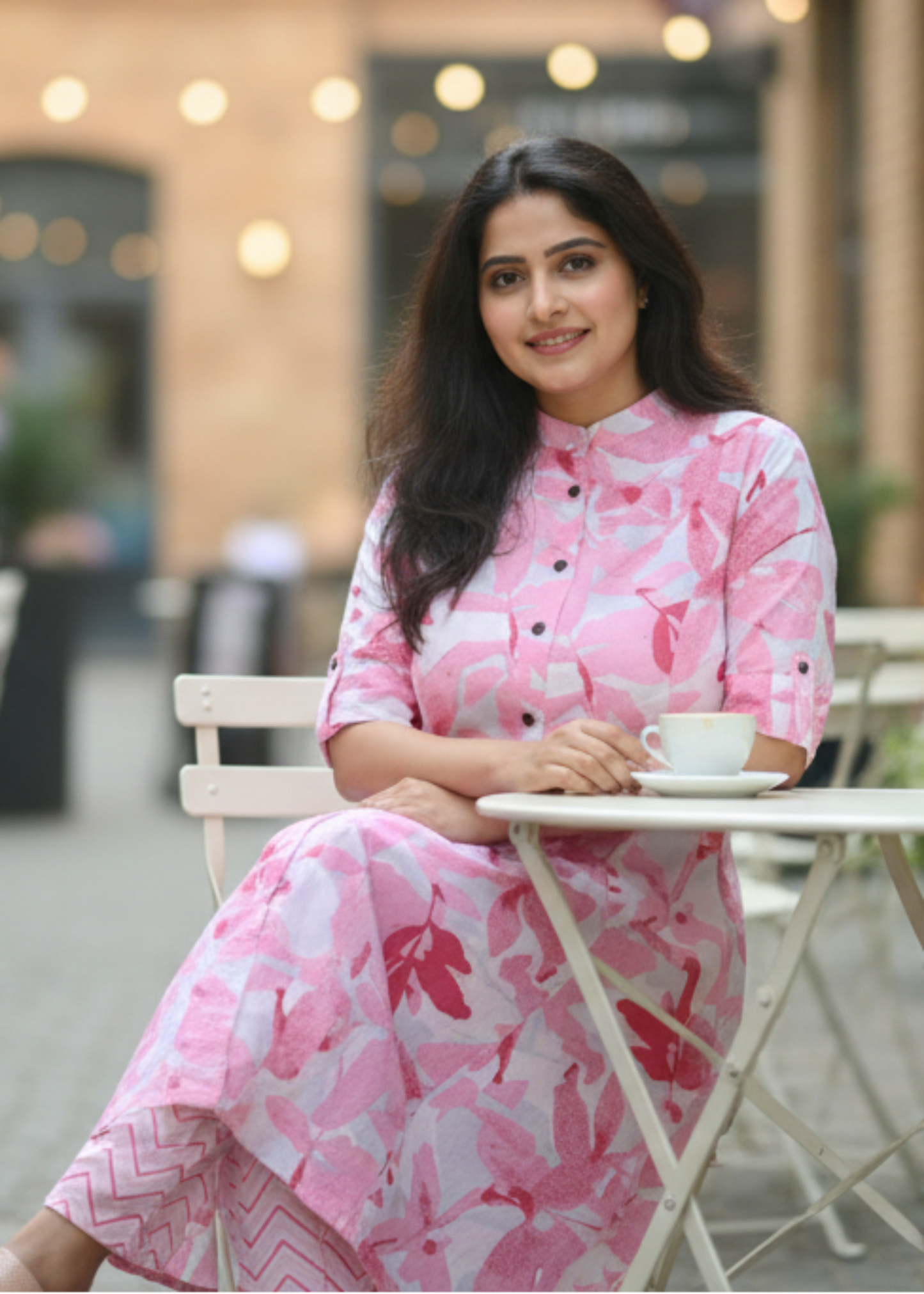 PINK FLORAL A-LINE KURTA SET