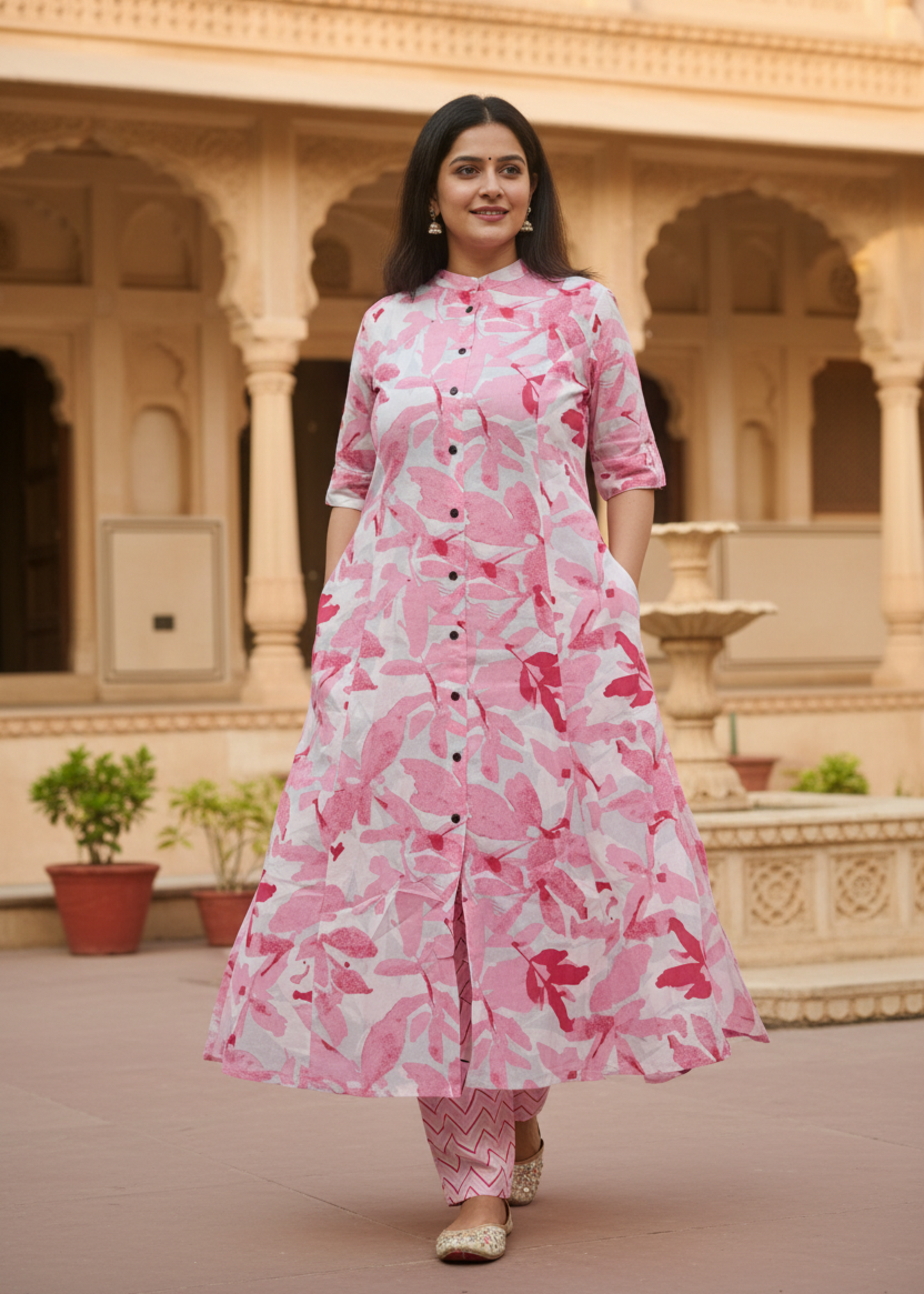 PINK FLORAL A-LINE KURTA SET